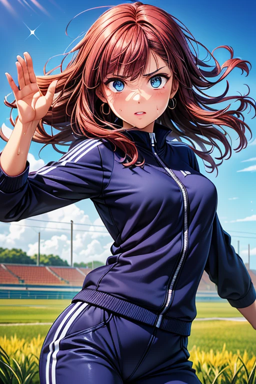 Girl posing for photo, animeのcute少女, ((One Girl)), ((Baby Face:1.3)) + ((cute:1.3)), 
BREAK 

((Shiny blue track suit:1.5)),  
((Red earrings)),  
BREAK 

(Matte pink hair:1.2), (Long side bangs), ((Medium Hair) : Voluminous Hair + Curly hair + Hair blowing in the wind), 
(Eyes with drooping corners of the eyes:1.4), (Big eyes:1.4), (blue eyes), 
((Small breasts:1.0)), 
(Tanned dark skin), (boyish), 
BREAK 

((noon, A sunny field, blue sky)), 
((Serious face + blush)), 
((Waving his arms、full power running pose、Sweat splashes、Sweat shines)), 
((Angle from the front)), ((Character Focus)), ((Cowboy Shot)), 
BREAK 

(Slim figure), (Symmetrical facial features), 
(Detailed Hair), (Beautiful Hair), (Shiny Hair), 
(double eyelid), (Long eyelashes), (Thin eyebrows:0.5), 
(Shiny eyes), (Detailed eyes), (Beautiful Eyes), (Delicate eyes), (Perfect Eyes), (Sparkling eyes), (Eye Reflexes), (Glitter Eyeliner), 
(Human Ear), 
(Beautiful Nose), (Thin Nose), 
(Glossy Lips), (Beautiful Lips), (Thick lips), 
(Shiny skin), (Detailed skin), (Fine skin), (Beautiful Skin), (Oily skin), 
BREAK 

(((Highest quality)), ((masterpiece:1.3)), ((Very detailed))), ((Ultra-high resolution)), ((16K)), ((1080P)), ((Full HD)), 
(Anatomically correct), ((Realistic)), (3DCG), ((Oil painting)), 
((comics, anime)), (CG illustration), (RAW Photos), 
