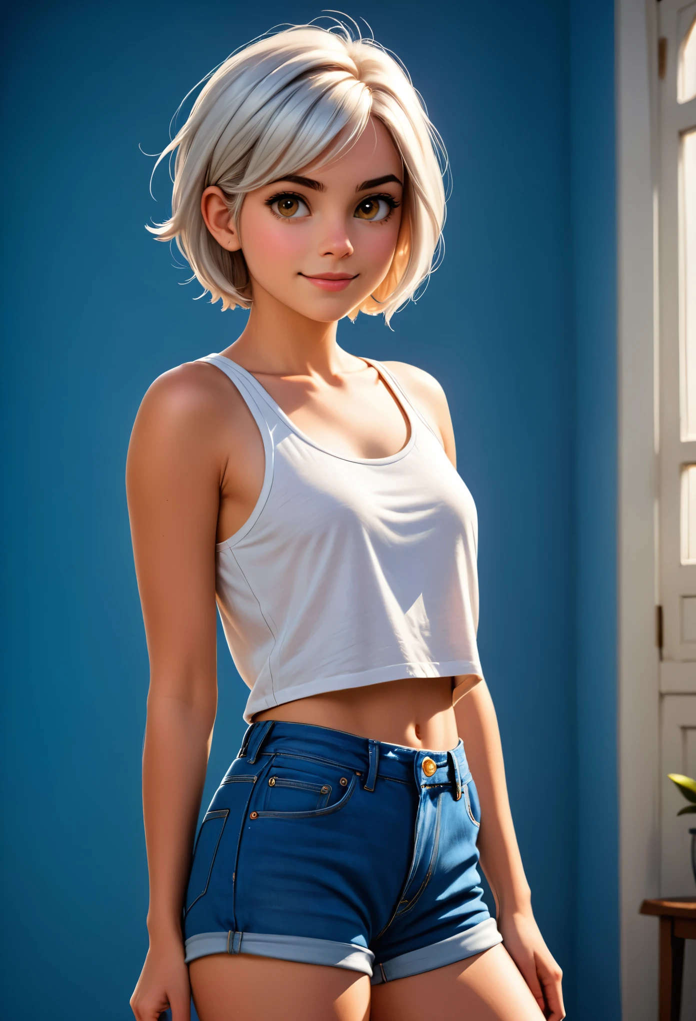 (Realistic), analog photo style, bokeh, cinematic composition, female with short white hair, standing in a relaxed yet confident pose, facing forward. She should wear a casual outfit consisting of a white tank top, with short denim shorts. The hairstyle should remain a short bob cut. The background must be with additional details. The character's expression is smile, and her body posture is relaxed, standing straight with hands resting naturally by her sides or slightly on her hips, bright colors, detailed beautiful eyes and perfect face, rim light, 16k quality