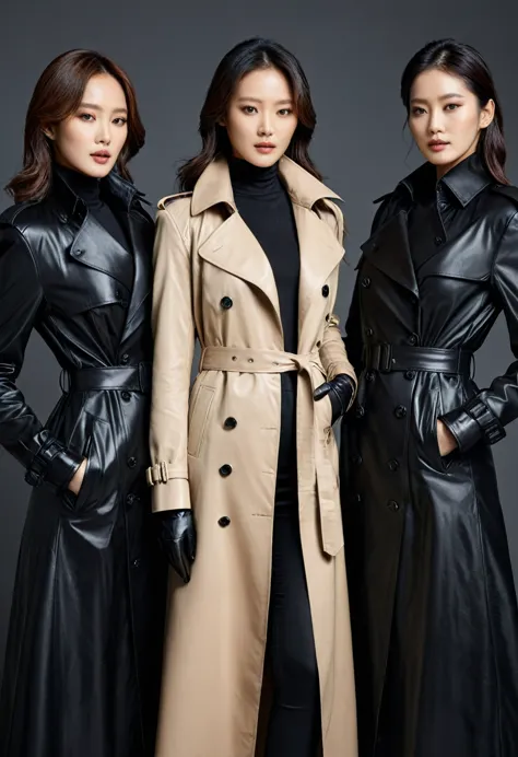 here is an artistic representation of three 4 korean fashion model actresses wearing hyper-realistic black leather long gloves a...