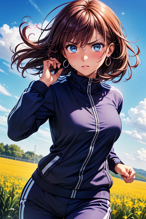 Girl posing for photo, animeのcute少女, ((One Girl)), ((Baby Face:1.3)) + ((cute:1.3)), 
BREAK 

((Shiny blue track suit:1.5)),  
((Red earrings)),  
BREAK 

(Matte pink hair:1.2), (Long side bangs), ((Medium Hair) : Voluminous Hair + Curly hair + Hair blowing in the wind), 
(Eyes with drooping corners of the eyes:1.4), (Big eyes:1.4), (blue eyes), 
((Small breasts:1.0)), 
(Tanned dark skin), (boyish), 
BREAK 

((noon, A sunny field, blue sky)), 
((Serious face + blush)), 
((full power running pose、Sweat splashes、Sweat shines)), 
((Angle from the front)), ((Character Focus)), ((Cowboy Shot)), 
BREAK 

(Slim figure), (Symmetrical facial features), 
(Detailed Hair), (Beautiful Hair), (Shiny Hair), 
(double eyelid), (Long eyelashes), (Thin eyebrows:0.5), 
(Shiny eyes), (Detailed eyes), (Beautiful Eyes), (Delicate eyes), (Perfect Eyes), (Sparkling eyes), (Eye Reflexes), (Glitter Eyeliner), 
(Human Ear), 
(Beautiful Nose), (Thin Nose), 
(Glossy Lips), (Beautiful Lips), (Thick lips), 
(Shiny skin), (Detailed skin), (Fine skin), (Beautiful Skin), (Oily skin), 
BREAK 

(((Highest quality)), ((masterpiece:1.3)), ((Very detailed))), ((Ultra-high resolution)), ((16K)), ((1080P)), ((Full HD)), 
(Anatomically correct), ((Realistic)), (3DCG), ((Oil painting)), 
((comics, anime)), (CG illustration), (RAW Photos), 
