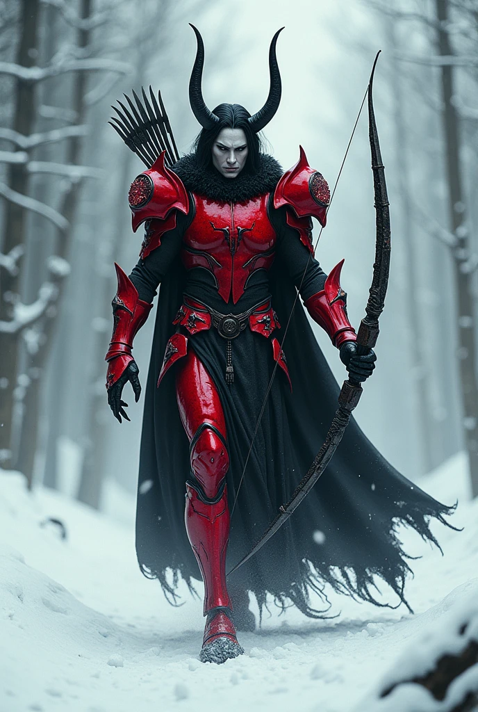 Pale man with slicked back black hair, wearing red demonic armor, with horns, holding black demonic bow, black claws, Walking in the snow