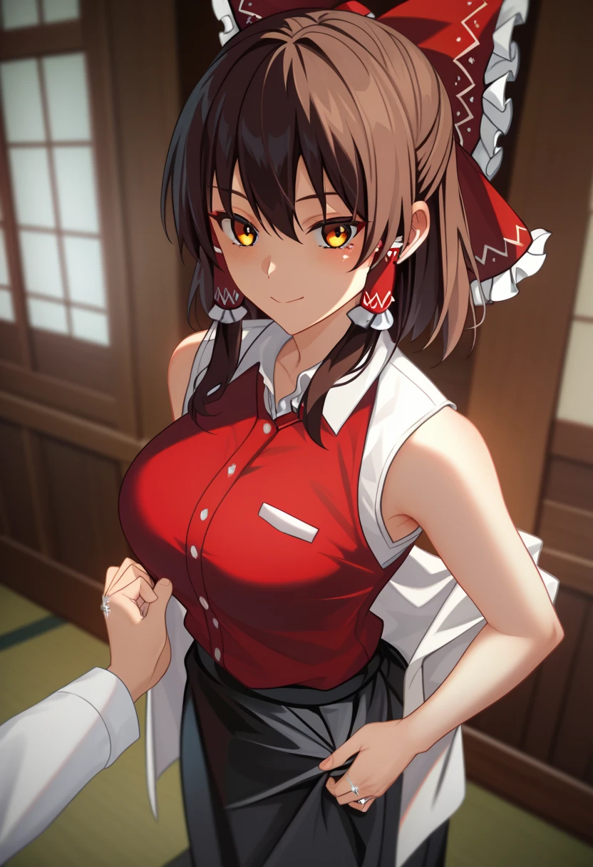 masterpiece, Highest quality, 1 person,(Are standing, View your viewers,),Detailed Background、A person who writes in detail、Accurate human body、Knowledgeable person、(Accurate 5 fingers),Mature Woman,Thighsが太い,curvy body、Thighs、alone,(middle breasts),Hakurei Reimu,sleeveless,bare arm,collared shirt, white shirt, Black tights,black skirt, frilled skirt,,(wedding ring on left hand),1girl,独奏,(No background)、((Accurate 5 fingers))、((undressing))