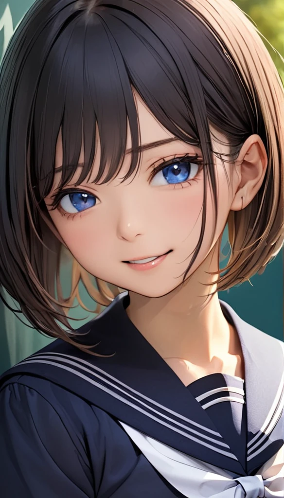 portrait、 1 girl, A shy smile、blush、Black Hair, Short Bob Cut, Schoolの, Sailor suit, (((School、 background:1.4))), blush:1.2, Deep blue eyes、((Open your mouth)), Light and shadow with attention to detail, backgroundぼかし, (Highest quality:1.2,  Very detailed, Attention to detail, masterpiece:1.2, Best aesthetics),