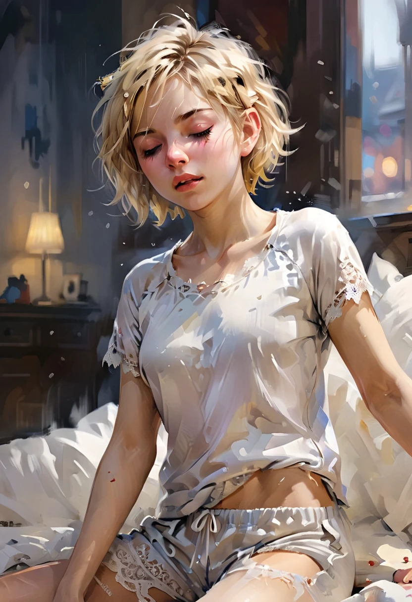 In bed, (licking her fingers, tasting her delicious love honey),((after a passionate orgasm:1.4)).(rule of thirds:1.4), ((ultra realistic illustration:1.2)),Athletic blonde woman, (short hair), tomboy, cute, ((closed eyes, moan:1.3)), sexy, messy hair,(aroused:1.3),very light makeup, lace top, pajama pants.Masterpiece, best quality,(highly detailed:1.2),(detailed face and eyes:1.2), 8k wallpaper, depth of field, natural lighting. core shadows, high contrast, bokeh.