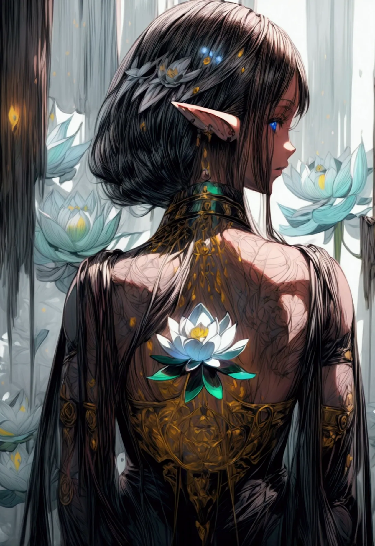 arafed, dark fantasy art, fantasy art, goth art, a picture of a tattoo on the back of a female elf, a glowing tattoo of a ((whit...