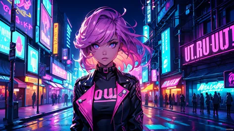 (((best quality))), (((ultra detailed))), captivating young woman with an 80s-inspired look, standing in a neon-lit urban alleyw...