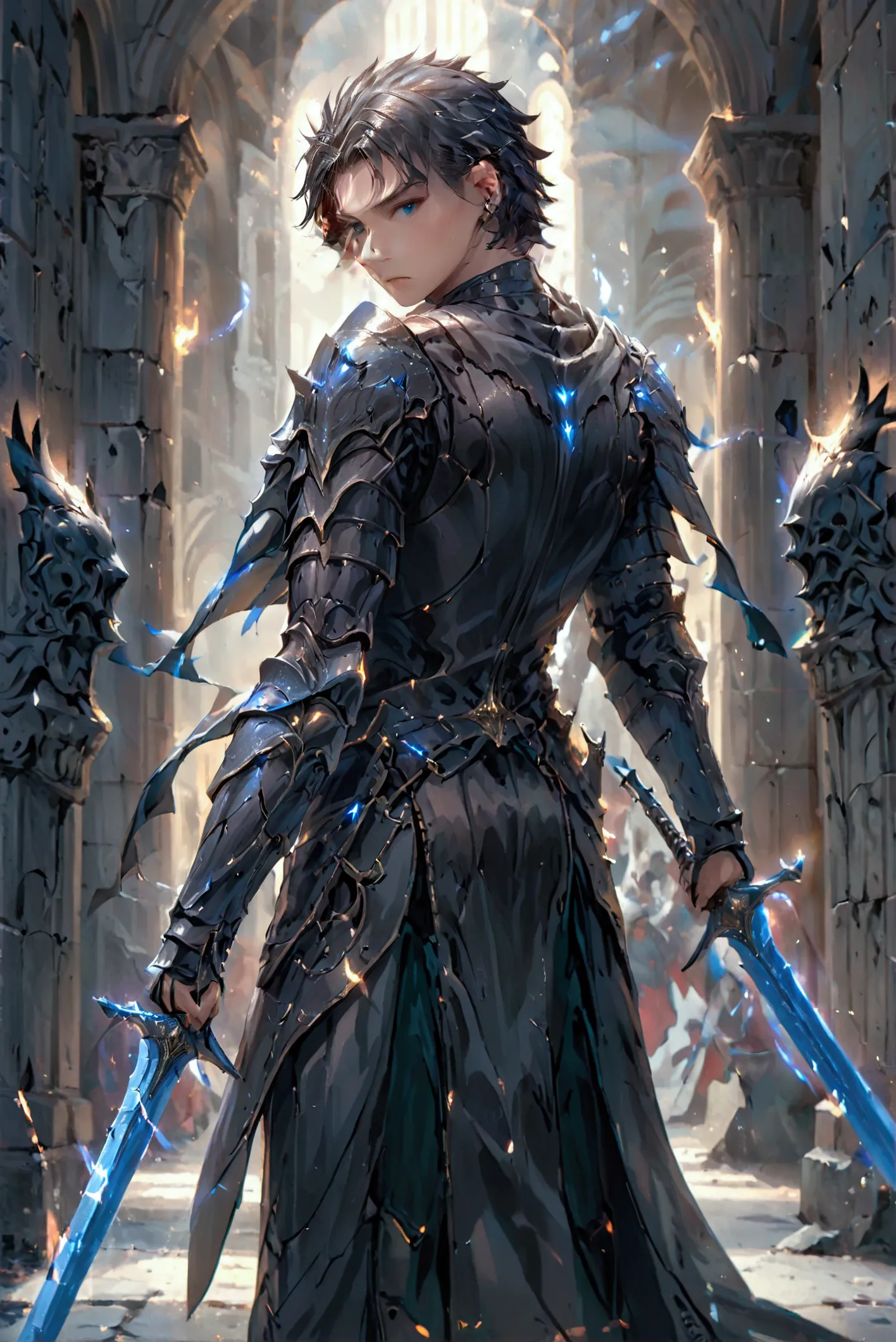 a young man with short black hair, piercing blue eyes, wearing black armor, black wings growing from his back, holding two glint...