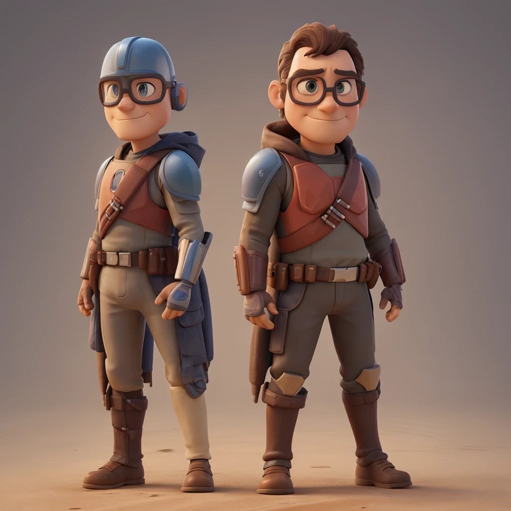 A male Pixar-stylized Mandalorian warrior character, holding their helmet under their arm or against their side. The character has a round face with a thick brown beard, bald head, blue eyes behind black rectangular nerd glasses, a slightly furrowed brow, and a slightly smiling, pensive expression. The character is wearing full Mandalorian armor and uniform. The character should be rendered in a highly detailed Pixar animation style, with smooth textures and vibrant colors.