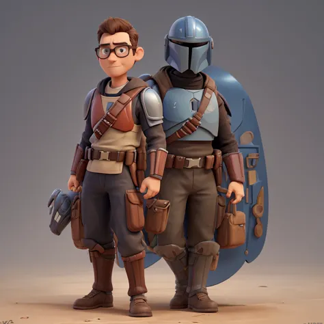 a male pixar-stylized mandalorian warrior character, holding their helmet under their arm or against their side. the character h...