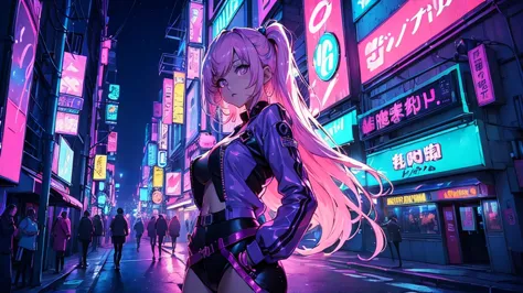 (((best quality))), (((ultra detailed))), captivating anime girl with an 80s-inspired look, standing in a neon-lit urban alleywa...