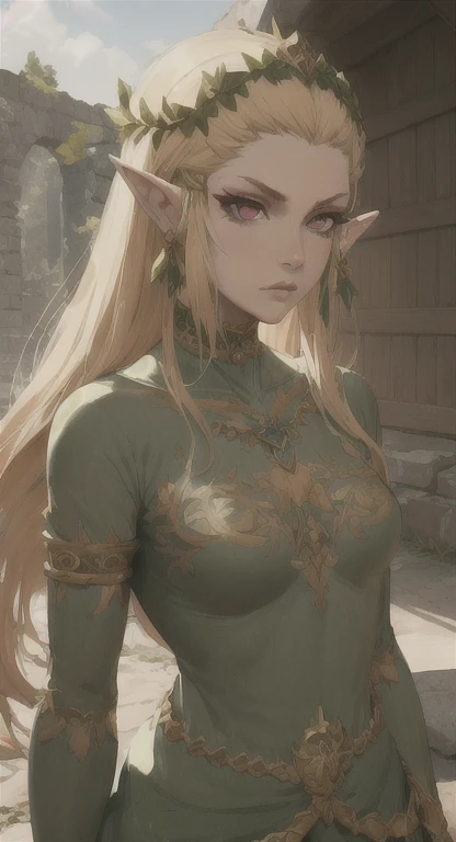 Ancient Hylian, Devine heroine, princess Hylia, blonde, red eyes, glaring at viewer, ancient Devine armor, long messy hair, ancient Hyrule, medieval Town, 