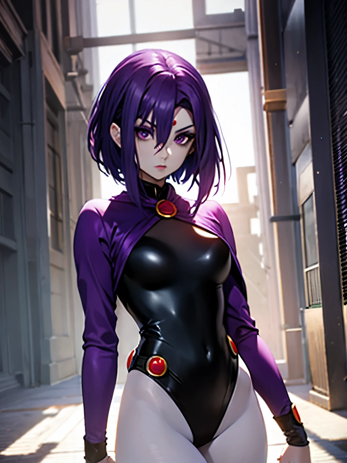 Raven_Cosplay,
leotard, purple hair, short hair, white skin