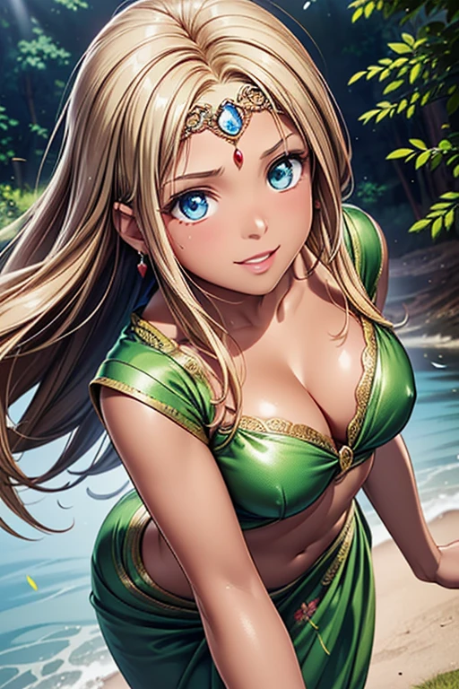 Girl posing for photo, animeのcute少女, ((One Girl)), ((Baby Face:1.3)) + ((cute:1.3)), 
BREAK 

((Shiny Green Silk Saree:1.5)),  
((Red earrings)), ((Red gem circlet)),   
BREAK 

(Blonde:1.2), (Slick Back Hair:1.4), ((Long Hair) : Voluminous Hair + Curly hair + Hair blowing in the wind), 
(Eyes with drooping corners of the eyes:1.4), (Big eyes:1.4), (blue eyes), 
((Small breasts:1.0)), 
(Tanned dark skin), (boyish), 
BREAK 

((noon, A spring in the sunlight in the forest)), 
((Wicked Smile)), 
((Standing on the water、Show off your dynamic and captivating dance moves)), 
((Top view)), ((Character Focus)), ((Cowboy Shot)), 
BREAK 

(Slim figure), (Symmetrical facial features), 
(Detailed Hair), (Beautiful Hair), (Shiny Hair), 
(double eyelid), (Long eyelashes), (Thin eyebrows:0.5), 
(Shiny eyes), (Detailed eyes), (Beautiful Eyes), (Delicate eyes), (Perfect Eyes), (Sparkling eyes), (Eye Reflexes), (Glitter Eyeliner), 
(Human Ear), 
(Beautiful Nose), (Thin Nose), 
(Glossy Lips), (Beautiful Lips), (Thick lips), 
(Shiny skin), (Detailed skin), (Fine skin), (Beautiful Skin), (Oily skin), 
BREAK 

(((Highest quality)), ((masterpiece:1.3)), ((Very detailed))), ((Ultra-high resolution)), ((16K)), ((1080P)), ((Full HD)), 
(Anatomically correct), ((Realistic)), (3DCG), ((Oil painting)), 
((comics, anime)), (CG illustration), (RAW Photos), 
