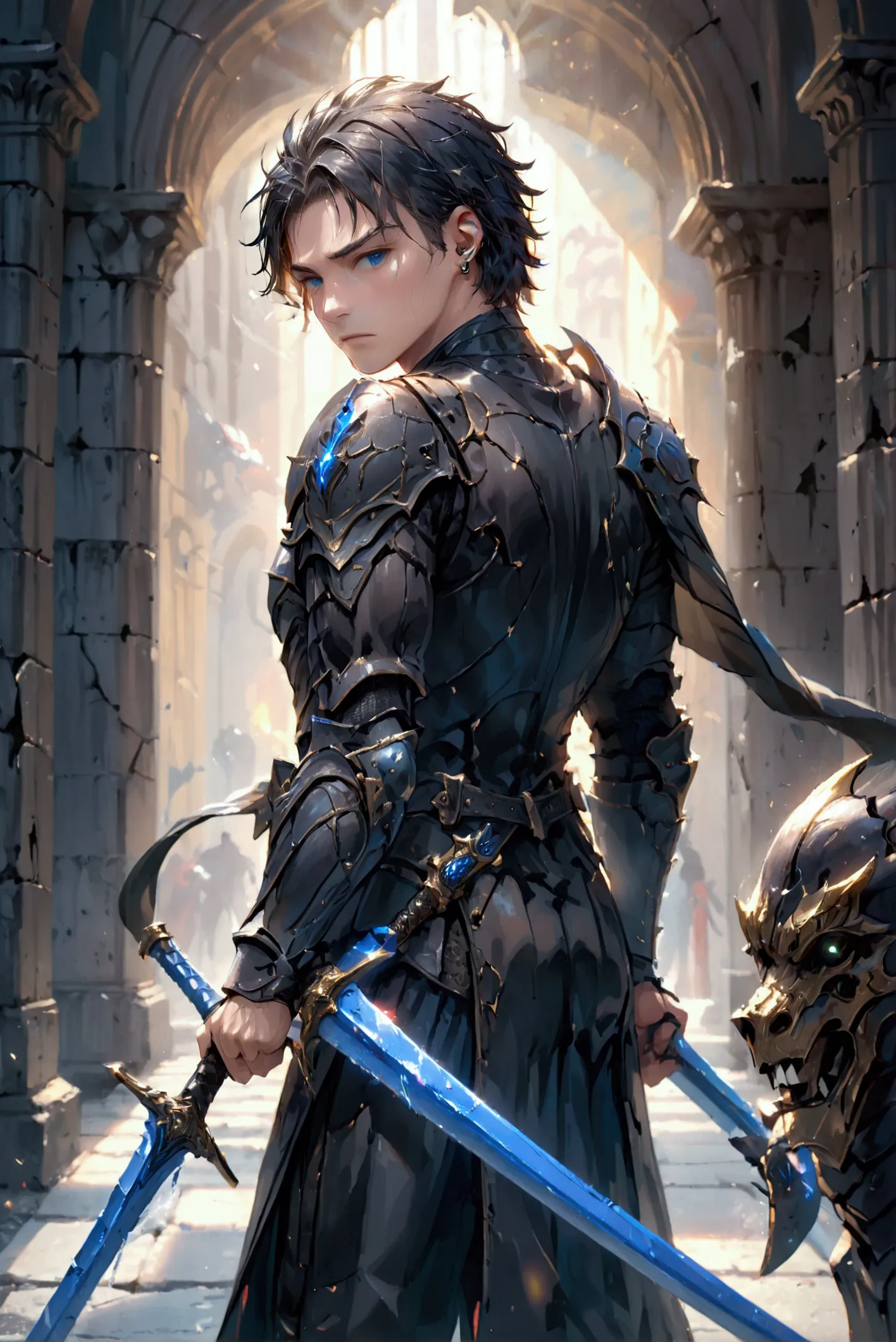 a young man with short black hair, piercing blue eyes, wearing black armor, black wings growing from his back, holding two glint...