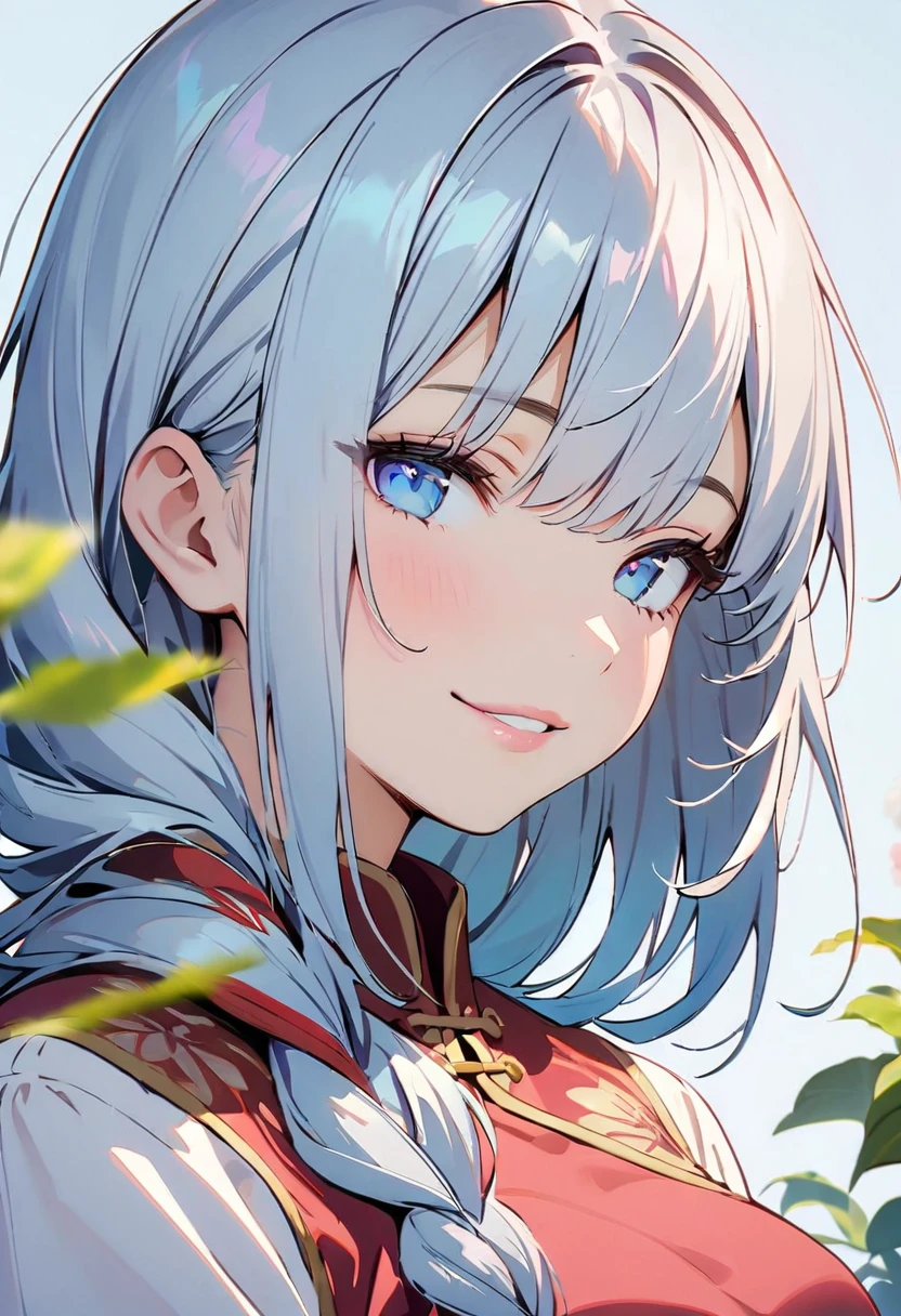 (masterpiece, Highest quality:1.4, Highest quality), 1 girl, alone, Anime Style, colorful students, Adult-like, Blurred vision, Pink lower lip, pastel colour, Asymmetrical silver bob, Braid, Long bangs on one side, Color Highlights, China dress, flower, Portraiture, Blue eyes, (smile, Details, Half-closed eyes, Sleepy eyes, Droopy eyes ), Cute Face. Lips in Love, Stylish design, ((Pure light blue background)).