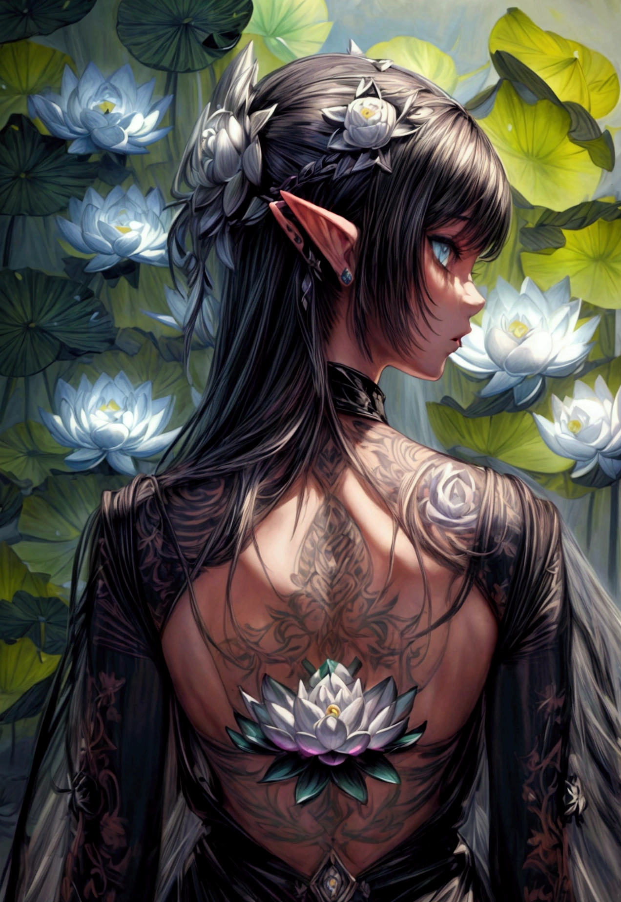 Arafed, Dark fantasy art, fantasy art, goth art, a picture of a tattoo on the back of a female elf, a glowing tattoo of a ((white lotus: 1.3)) on the elf's back, the ((lotus 1.3), she wears a transparent black dress, the dress is elegant, flowing, elven style, that the tattoos glow, dynamic hair color, dynamic hair style, Ultra-high resolution, High Contrast, (masterpiece:1.5), highest quality, Best aesthetics), 16K fantasy art, best details, best quality, highres, 32k, ((ultra detailed: 1.5)), masterpiece, best quality, (extremely detailed), rpg portrait, photograph,