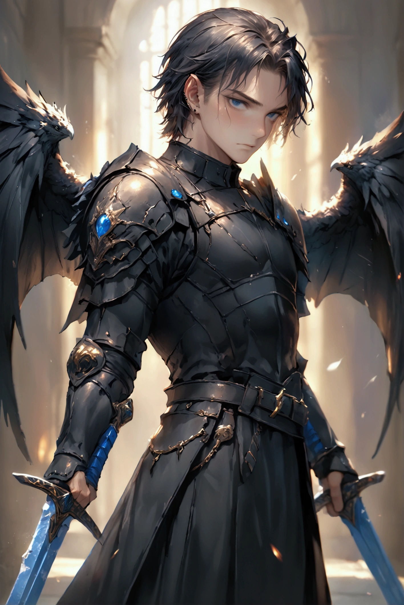 a young man with short black hair, piercing blue eyes, wearing black armor, black wings growing from his back, holding two glinting swords, intricate cracks in his skin, extremely detailed facial features, dramatic chiaroscuro lighting, (best quality,4k,8k,highres,masterpiece:1.2),ultra-detailed,(realistic,photorealistic,photo-realistic:1.37),epic dark fantasy,dramatic atmosphere,cinematic,award winning fantasy art,professional rendering