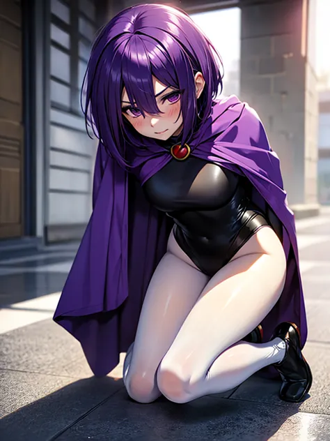 raven_cosplay,
leotard, purple hair, short hair, white skin, floor, on knees, kneeling, blush, blushing