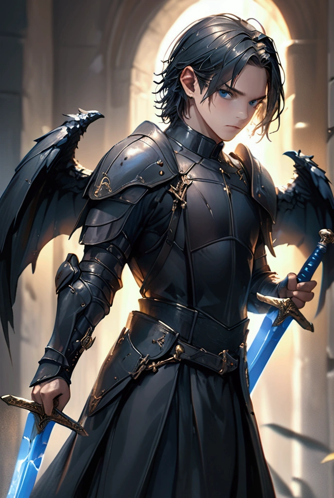 a young man with short black hair, piercing blue eyes, wearing black armor, black wings growing from his back, holding two glinting swords, intricate cracks in his skin, extremely detailed facial features, dramatic chiaroscuro lighting, (best quality,4k,8k,highres,masterpiece:1.2),ultra-detailed,(realistic,photorealistic,photo-realistic:1.37),epic dark fantasy,dramatic atmosphere,cinematic,award winning fantasy art,professional rendering