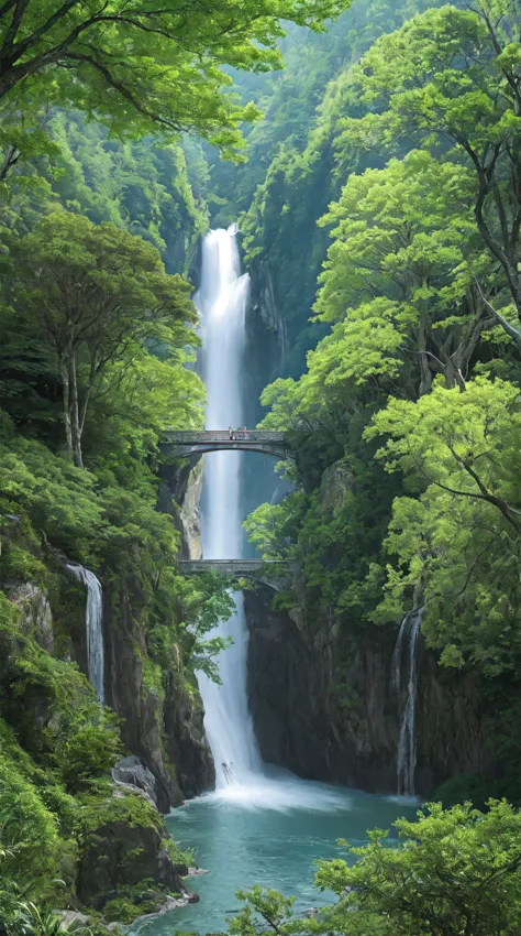 masterpiece, best quality, 8ก, high resolution, very detailed, a picture of a waterfall flowing down a high cliff amidst lush gr...