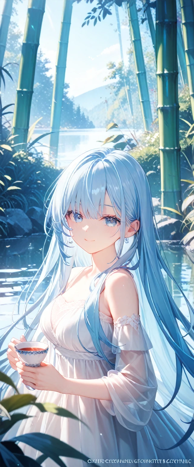 masterpiece, best quality, Official Art, 8k wallpaper, Very detailed, illustration, 1 girl, Sky blue hair, Long hair, Delicate eyes, Forrest Gump, Bare shoulders, Hanfu, lake, pure, Gentle smile, bamboo, Tea