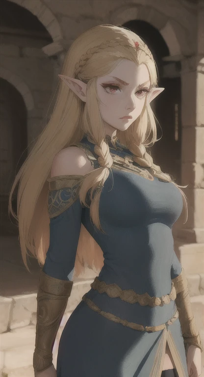 Ancient Hylian, Devine heroine, princess Hylia, blonde, red eyes, glaring at viewer, ancient military armor, long messy hair, ancient Hyrule, medieval Town, 