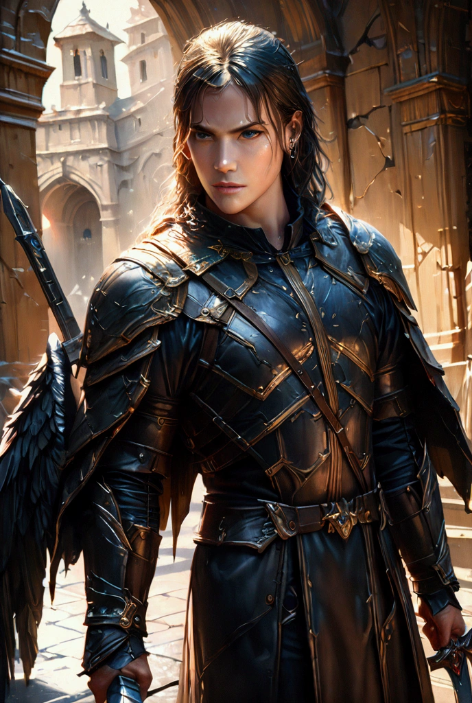 a young man with short black hair, piercing blue eyes, wearing black armor, black wings growing from his back, holding two glinting swords, intricate cracks in his skin, extremely detailed facial features, dramatic chiaroscuro lighting, (best quality,4k,8k,highres,masterpiece:1.2),ultra-detailed,(realistic,photorealistic,photo-realistic:1.37),epic dark fantasy,dramatic atmosphere,cinematic,award winning fantasy art,professional rendering