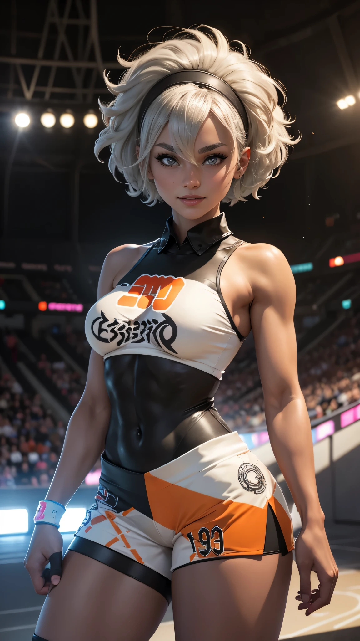 Bea da pokemon,(best qualityer,4K,8k,high resolution,work of art:1.2)(weather: windy), 1girl, solo girl, sport stadium background, short curly hair, gray hair, cropped shirt, micro shorts, thigh high stockings, headband, gloves, leotard, ultra detailed,realistic,beautiful detailed gray eyes, beautiful detailed lips,extremely detailed eye and face, long eyelashes,average,medium breasts, nipples,beaming smile,powerful girl, bright coloured, dramatic lighting,