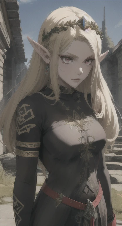 Ancient Hylian, Devine heroine, supreme commander Hylia, blonde, red eyes, glaring at viewer, ancient Devine military armor, long messy hair, ancient Hyrule, medieval Town, 