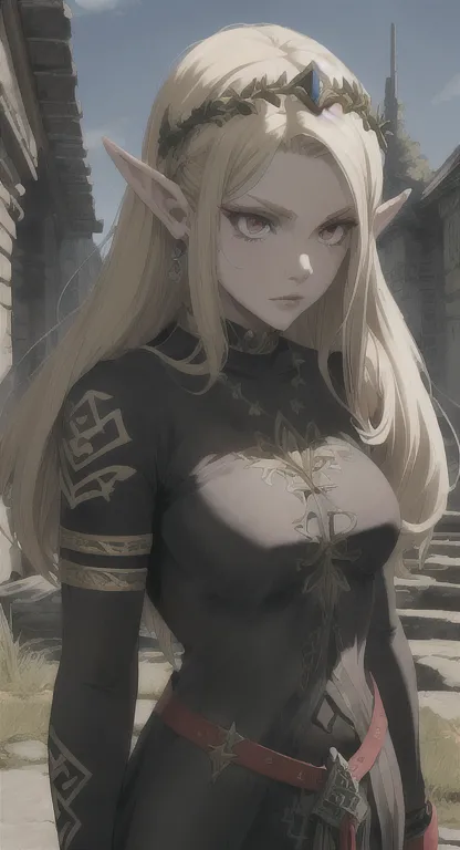 ancient hylian, devine heroine, supreme commander hylia, blonde, red eyes, glaring at viewer, ancient devine military armor, lon...