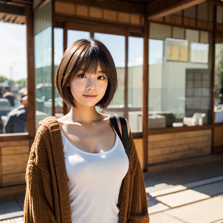 A japanese girl with casual fashion, brown short cut hair, big tits, with her boyfriend, Full body shot, 1girl, Surrealism, high detail, Realism, UHD, super detail, textured skin, high details, high quality