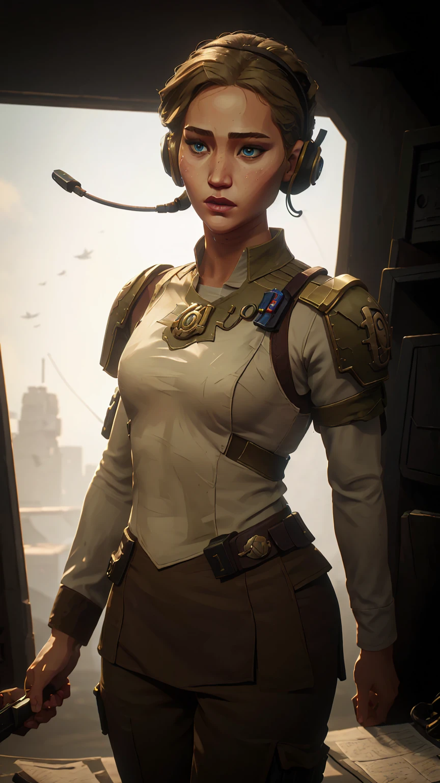 actress Jennifer Lawrence from hunger games, female, textured blond open hair, intricate face detail, 4k face, detailed skin, skin shading, uniform wearing si-fi soldier, perfect eyes, heavy breastplate, flat chest, small breasts, futuristic, grimdark, soldier shoulder pads, warhammer, military insignia, military service ribbon, (military style tactical ((communications headset))), moody, large depth of field, upper body shot low lighting, warhammer 40k imperial guardsman, cadiachan, deep depth of field, highly detailed, three quarter shot, frontal image, (standing in office), plain white background, standing, ((holding a datapad)), (upper body portrait)