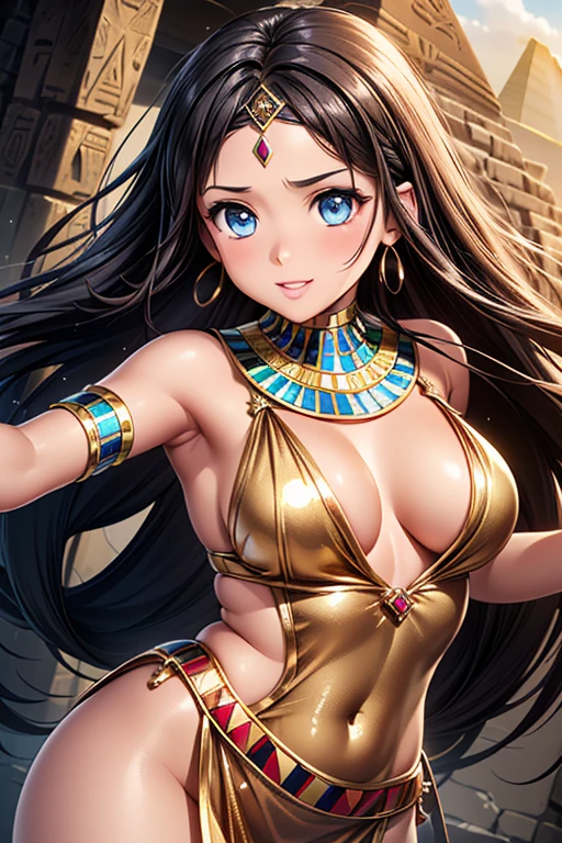 Girl posing for photo, animeのcute少女, ((One Girl)), ((Baby Face:1.3)) + ((cute:1.3)), 
BREAK 

((Shiny gold Egyptian costume:1.5)) + ((Cleopatra-like)) + ((Very luxurious ornament)) + (Pareo),  
((Red earrings)), ((Red gem circlet:1.2)), ((crown)),    
BREAK 

(Black Hair:1.2), (Bangs that expose the forehead + Center-parted bangs:1.4), ((Long Hair) : Voluminous Hair + Curly Hair + Braiding:1.2 + Hair blowing in the wind), 
(Eyes with drooping corners of the eyes:1.4), (Big eyes:1.4), (blue eyes), 
((Small breasts:1.0)), 
(Tanned dark skin), (boyish), 
BREAK 

((noon, Sunlit desert ruins, I can see the pyramids)), 
((Wicked Smile)), 
((Show off your dynamic and captivating dance moves)), 
((Angle from the front)), ((Character Focus)), ((Cowboy Shot)), 
BREAK 

(Slim figure), (Symmetrical facial features), 
(Detailed Hair), (Beautiful Hair), (Shiny Hair), 
(double eyelid), (Long eyelashes), (Thin eyebrows:0.5), 
(Shiny eyes), (Detailed eyes), (Beautiful Eyes), (Delicate eyes), (Perfect Eyes), (Sparkling eyes), (Eye Reflexes), (Glitter Eyeliner), 
(Human Ear), 
(Beautiful Nose), (Thin Nose), 
(Glossy Lips), (Beautiful Lips), (Thick lips), 
(Shiny skin), (Detailed skin), (Fine skin), (Beautiful Skin), (Oily skin), 
BREAK 

(((Highest quality)), ((masterpiece:1.3)), ((Very detailed))), ((Ultra-high resolution)), ((16K)), ((1080P)), ((Full HD)), 
(Anatomically correct), ((Realistic)), (3DCG), ((Oil painting)), 
((comics, anime)), (CG illustration), (RAW Photos), 
