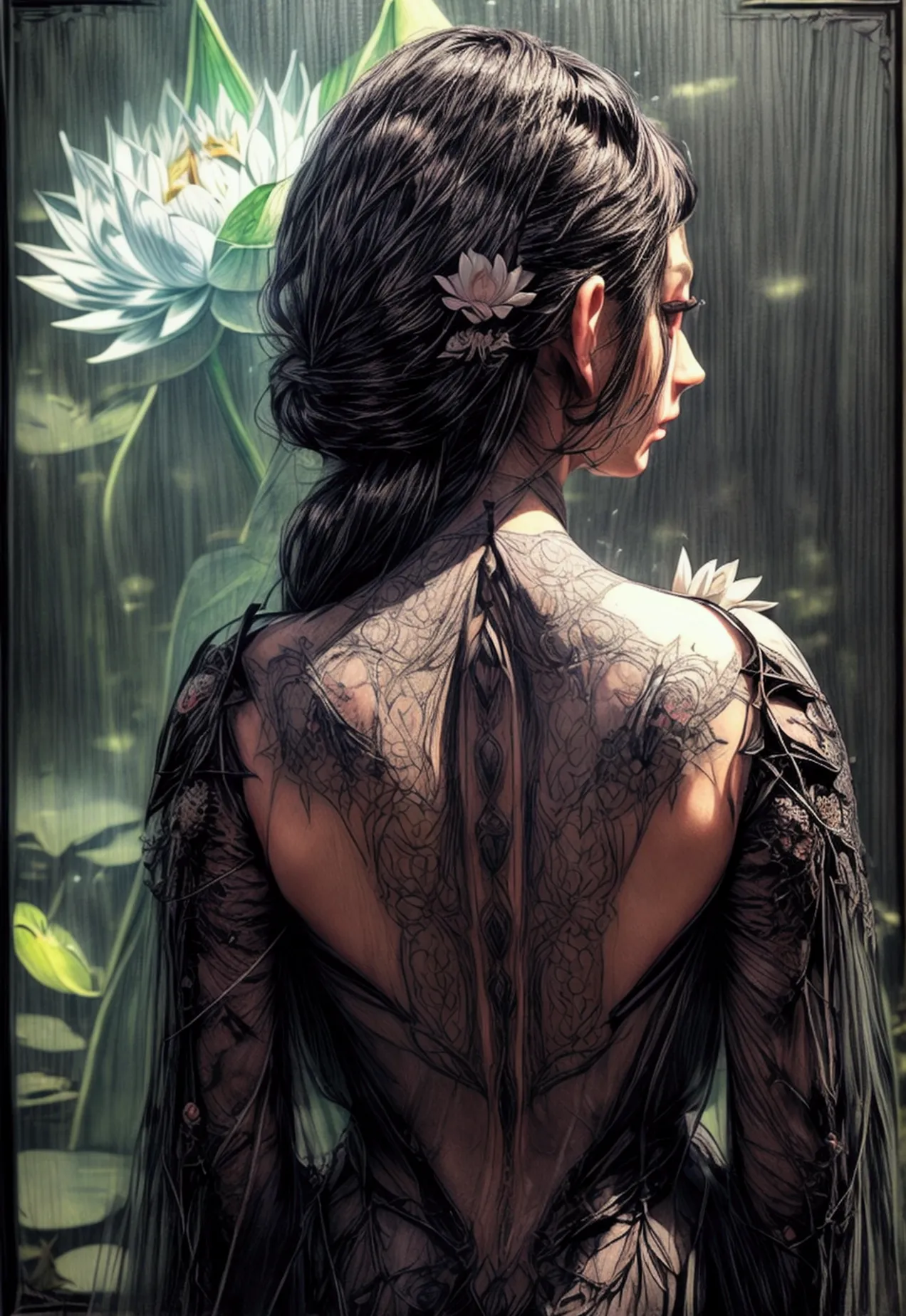 arafed, dark fantasy art, fantasy art, goth art, a picture of a tattoo on the back of a female elf, a glowing tattoo of a ((whit...