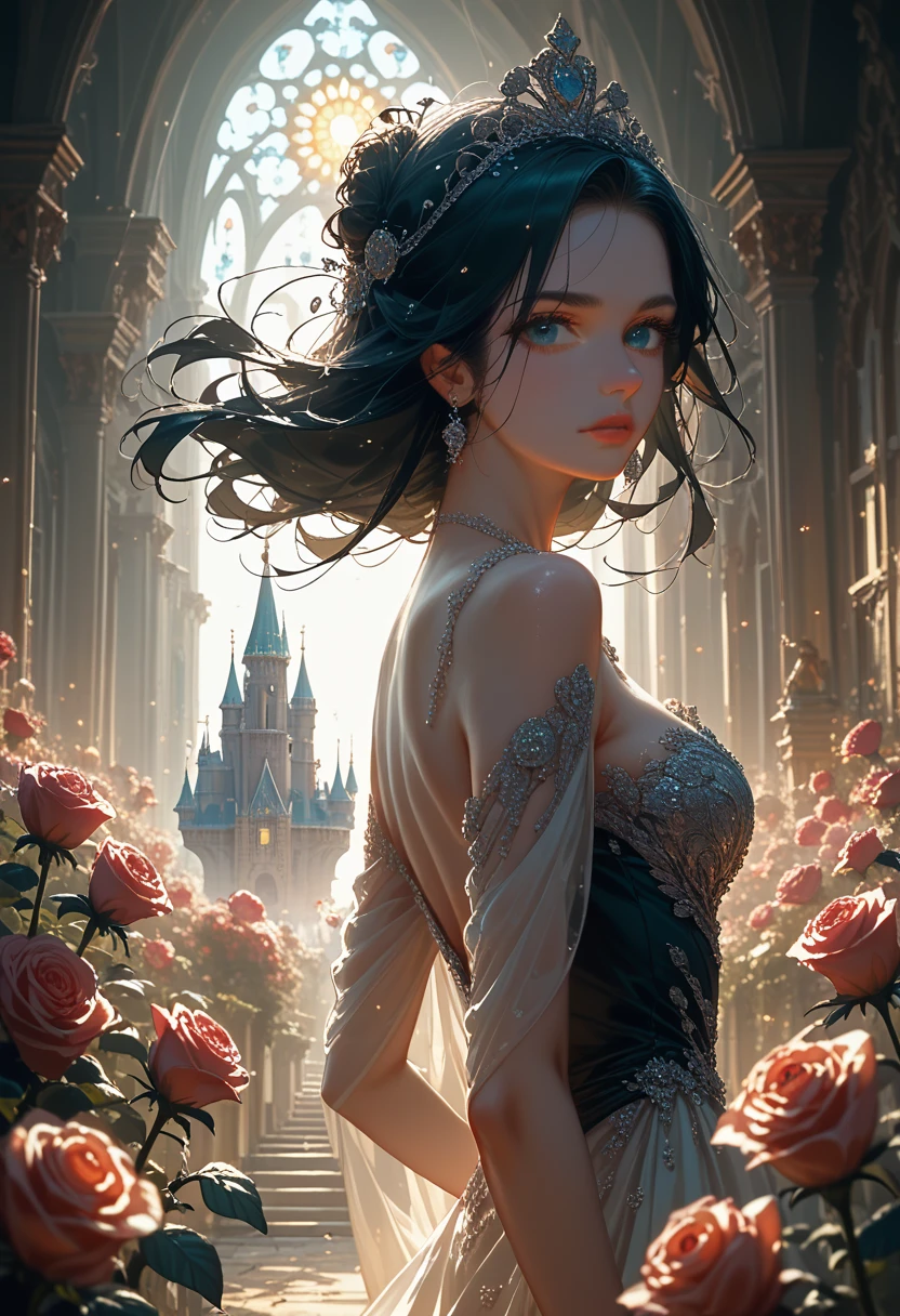 Sunset, castle, Roses and other flowers, Beautiful long-legged girl,A slim and chic dress embellished entirely with sequins and pearls, Vibrant colors, Thick black hair blowing in the wind, Raspberry rainbow colors, Beautiful scenery with small details, Magnificent views, masterpiece, Perfect art,Fraction_9, Fraction_8_Direction_7_up, Dramatic Lighting, Very detailed, High Budget, Bokeh, Widescreen movies, Moody, epic, Gorgeous, Film Grain, Granular, masterpiece, best quality, Perfect anatomical structure, very aesthetic, Official Art, 8K