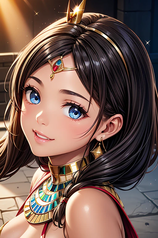 Girl posing for photo, animeのcute少女, ((One Girl)), ((Baby Face:1.3)) + ((cute:1.3)), 
BREAK 

((Shiny gold Egyptian costume:1.5)) + ((Cleopatra-like)) + ((Very luxurious ornament)) + (Pareo),  
((Red earrings)), ((Red gem circlet:1.2)), ((crown)),    
BREAK 

(Black Hair:1.2), (Bangs that expose the forehead + Center-parted bangs:1.4), ((Long Hair) : Voluminous Hair + Curly Hair + Braiding:1.2 + Hair blowing in the wind), 
(Eyes with drooping corners of the eyes:1.4), (Big eyes:1.4), (blue eyes), 
((Small breasts:1.0)), 
(Tanned dark skin), (boyish), 
BREAK 

((noon, Sunlit desert ruins, I can see the pyramids)), 
((Wicked Smile)), 
((Show off your dynamic and captivating dance moves)), 
((Angle from the front)), ((Character Focus)), ((Cowboy Shot)), 
BREAK 

(Slim figure), (Symmetrical facial features), 
(Detailed Hair), (Beautiful Hair), (Shiny Hair), 
(double eyelid), (Long eyelashes), (Thin eyebrows:0.5), 
(Shiny eyes), (Detailed eyes), (Beautiful Eyes), (Delicate eyes), (Perfect Eyes), (Sparkling eyes), (Eye Reflexes), (Glitter Eyeliner), 
(Human Ear), 
(Beautiful Nose), (Thin Nose), 
(Glossy Lips), (Beautiful Lips), (Thick lips), 
(Shiny skin), (Detailed skin), (Fine skin), (Beautiful Skin), (Oily skin), 
BREAK 

(((Highest quality)), ((masterpiece:1.3)), ((Very detailed))), ((Ultra-high resolution)), ((16K)), ((1080P)), ((Full HD)), 
(Anatomically correct), ((Realistic)), (3DCG), ((Oil painting)), 
((comics, anime)), (CG illustration), (RAW Photos), 
