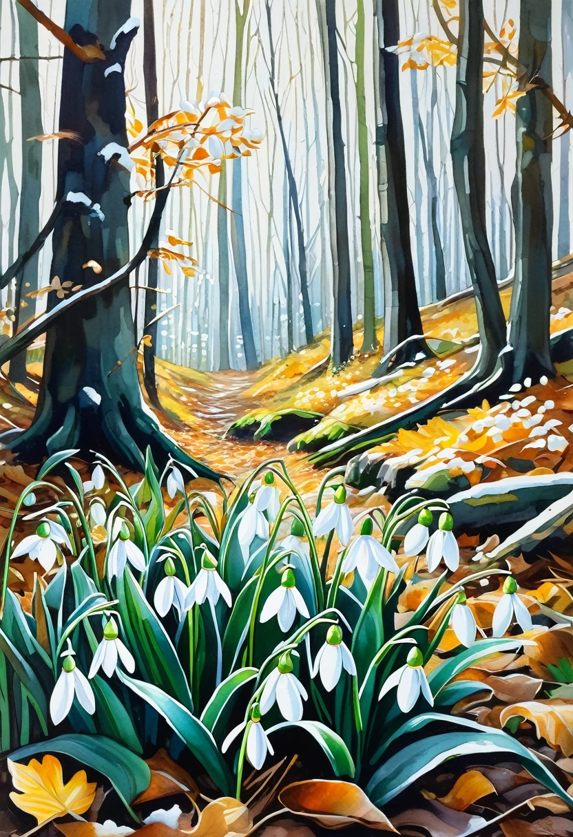 Gouache painting, snowdrops in the forest with last year's fallen leaves, early spring, in the style of artist Livio Mozhin, detailed gouache painting, 