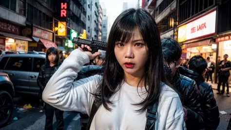 an angry thai woman standing in a powerful stance, holding a handgun in one hand and a rifle slung over her shoulder. she has a ...