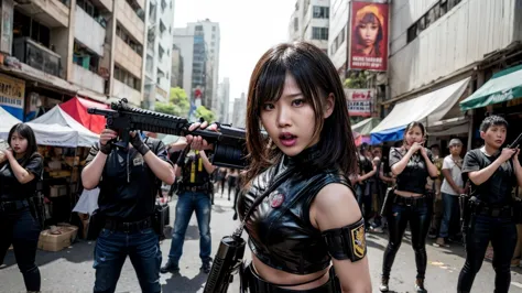 a fierce-looking thai woman standing in a defensive stance, equipped with a full range of weapons: a handgun, a long rifle, a co...