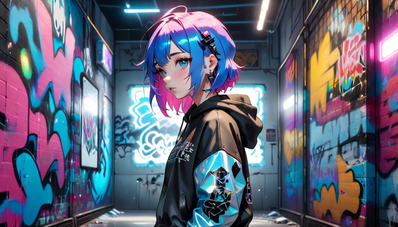 A girl with brightly colored hair (blue), leather clothes and a sweatshirt, piercings, in a dystopian environment full of graffiti and holographic screens,