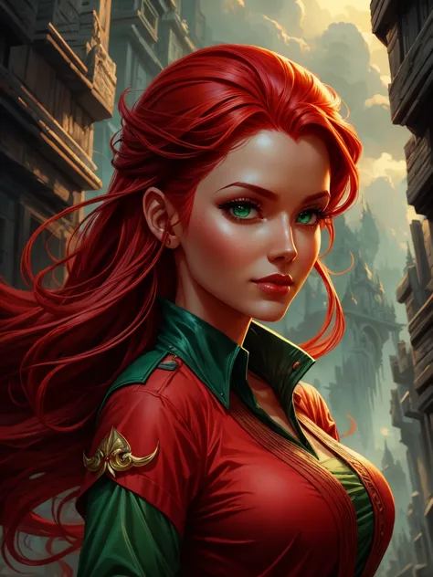 a close up of a woman with red hair and a green blouse, red-haired goddess, arte pin-up, by eddie mendoza, artgerm and lois van ...