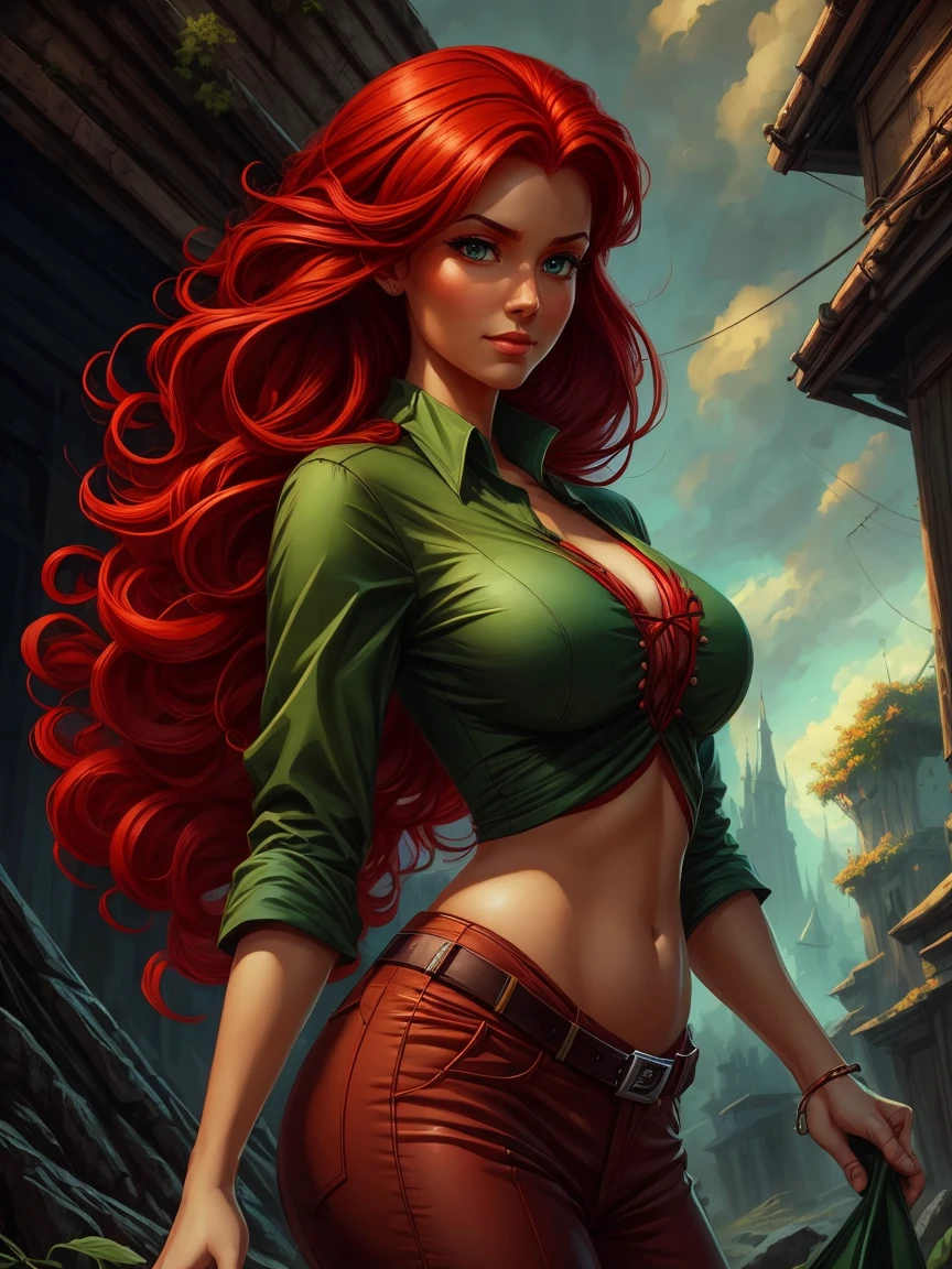 a close up of a woman with red hair and a green blouse, red-haired goddess, arte pin-up, by Eddie Mendoza, artgerm and lois van baarle, arte do personagem Charlie Bowater, style of charlie bowater, red-haired girl, Charlie Bowater rich, deep colors, by Ric Nagualero, by Jorge Jacinto, red-haired woman