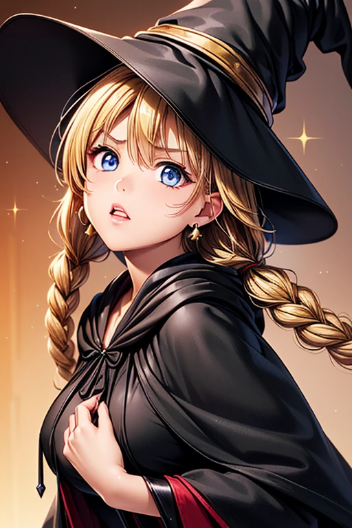 Girl posing for photo, animeのcute少女, ((One Girl)), ((Baby Face:1.3)) + ((cute:1.3)), 
BREAK 

((Shiny black wizard robes:1.5)) + ((Witch Hat)) + (Long dress),  
((Red earrings)),     
BREAK 

(Blonde:1.2), (Very long side banks:1.4), ((Twin tails) : Voluminous Hair + Curly Hair + Braiding:1.2 + Hair blowing in the wind), 
(Eyes with drooping corners of the eyes:1.4), (Big eyes:1.4), (blue eyes), 
((Small breasts:1.0)), 
(Tanned dark skin), (boyish), 
BREAK 

((noon, Abandoned castles in fantasy world, Collapsing)), 
((Open your mouth wide:1.2 + shout, Serious face)), 
((With a magic wand、Casting a Spell)), 
((Oblique angle)), ((Character Focus)), ((Cowboy Shot)), 
BREAK 

(Slim figure), (Symmetrical facial features), 
(Detailed Hair), (Beautiful Hair), (Shiny Hair), 
(double eyelid), (Long eyelashes), (Thin eyebrows:0.5), 
(Shiny eyes), (Detailed eyes), (Beautiful Eyes), (Delicate eyes), (Perfect Eyes), (Sparkling eyes), (Eye Reflexes), (Glitter Eyeliner), 
(Human Ear), 
(Beautiful Nose), (Thin Nose), 
(Glossy Lips), (Beautiful Lips), (Thick lips), 
(Shiny skin), (Detailed skin), (Fine skin), (Beautiful Skin), (Oily skin), 
BREAK 

(((Highest quality)), ((masterpiece:1.3)), ((Very detailed))), ((Ultra-high resolution)), ((16K)), ((1080P)), ((Full HD)), 
(Anatomically correct), ((Realistic)), (3DCG), ((Oil painting)), 
((comics, anime)), (CG illustration), (RAW Photos), 
