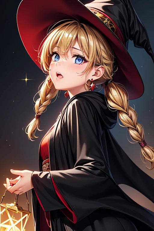 Girl posing for photo, animeのcute少女, ((One Girl)), ((Baby Face:1.3)) + ((cute:1.3)), 
BREAK 

((Shiny black wizard robes:1.5)) + ((Witch Hat)) + (Long dress),  
((Red earrings)),     
BREAK 

(Blonde:1.2), (Very long side banks:1.4), ((Twin tails) : Voluminous Hair + Curly Hair + Braiding:1.2 + Hair blowing in the wind), 
(Eyes with drooping corners of the eyes:1.4), (Big eyes:1.4), (blue eyes), 
((Small breasts:1.0)), 
(Tanned dark skin), (boyish), 
BREAK 

((noon, Abandoned castles in fantasy world, Collapsing)), 
((Open your mouth wide:1.2 + shout)), 
((Raise one hand high、He is chanting a spell as glowing runes float around his body.)), 
((Angle from the front)), ((Character Focus)), ((Cowboy Shot)), 
BREAK 

(Slim figure), (Symmetrical facial features), 
(Detailed Hair), (Beautiful Hair), (Shiny Hair), 
(double eyelid), (Long eyelashes), (Thin eyebrows:0.5), 
(Shiny eyes), (Detailed eyes), (Beautiful Eyes), (Delicate eyes), (Perfect Eyes), (Sparkling eyes), (Eye Reflexes), (Glitter Eyeliner), 
(Human Ear), 
(Beautiful Nose), (Thin Nose), 
(Glossy Lips), (Beautiful Lips), (Thick lips), 
(Shiny skin), (Detailed skin), (Fine skin), (Beautiful Skin), (Oily skin), 
BREAK 

(((Highest quality)), ((masterpiece:1.3)), ((Very detailed))), ((Ultra-high resolution)), ((16K)), ((1080P)), ((Full HD)), 
(Anatomically correct), ((Realistic)), (3DCG), ((Oil painting)), 
((comics, anime)), (CG illustration), (RAW Photos), 
