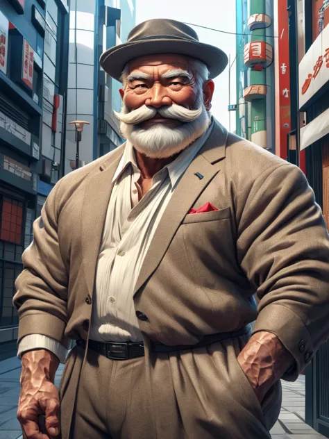 a muscular old man with a mustache and beard, (japanese man:1.3), wearing a suits, smile, standing in a croud city background, (...