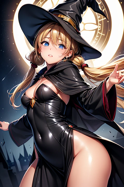 Girl posing for photo, animeのcute少女, ((One Girl)), ((Baby Face:1.3)) + ((cute:1.3)), 
BREAK 

((Shiny black wizard robes:1.5)) + ((Witch Hat)) + (Long dress),  
((Red earrings)),     
BREAK 

(Blonde:1.2), (Very long side banks:1.4), ((Twin tails) : Voluminous Hair + Curly Hair + Braiding:1.2 + Hair blowing in the wind), 
(Eyes with drooping corners of the eyes:1.4), (Big eyes:1.4), (blue eyes), 
((Small breasts:1.0)), 
(Tanned dark skin), (boyish), 
BREAK 

((noon, Abandoned castles in fantasy world, Collapsing)), 
((Open your mouth wide:1.2 + shout)), 
((Standing in front of the shining magic circle、Open your arms and pour your energy into them)), 
((Angle from the front)), ((Character Focus)), ((Cowboy Shot)), 
BREAK 

(Slim figure), (Symmetrical facial features), 
(Detailed Hair), (Beautiful Hair), (Shiny Hair), 
(double eyelid), (Long eyelashes), (Thin eyebrows:0.5), 
(Shiny eyes), (Detailed eyes), (Beautiful Eyes), (Delicate eyes), (Perfect Eyes), (Sparkling eyes), (Eye Reflexes), (Glitter Eyeliner), 
(Human Ear), 
(Beautiful Nose), (Thin Nose), 
(Glossy Lips), (Beautiful Lips), (Thick lips), 
(Shiny skin), (Detailed skin), (Fine skin), (Beautiful Skin), (Oily skin), 
BREAK 

(((Highest quality)), ((masterpiece:1.3)), ((Very detailed))), ((Ultra-high resolution)), ((16K)), ((1080P)), ((Full HD)), 
(Anatomically correct), ((Realistic)), (3DCG), ((Oil painting)), 
((comics, anime)), (CG illustration), (RAW Photos), 
