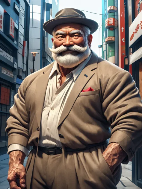 a muscular old man with a mustache and beard, (japanese man:1.3), wearing a suits, smile, standing in a croud city background, (...