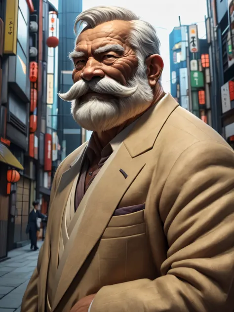 a muscular old man with a mustache and beard, (japanese man:1.3), wearing a suits, smile, standing in a croud city background, (...