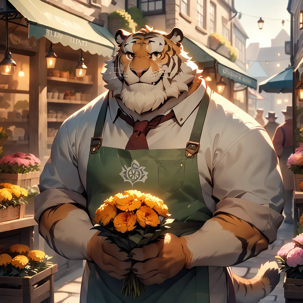 dynamic angle, dynamic pose, florist, plump middle-aged british tiger man, happy, light smile, presenting a bouquet of flowers, marigold, apron, brown eyes, beautiful beard, male face, big face, square jawline, male eyes, sharp eyes, big eyes, male eyebrows, innocent look, fluffy body, BREAK evening, england, flower shop, outdoor, masterpiece, best quality, very aesthetic, absurdres,