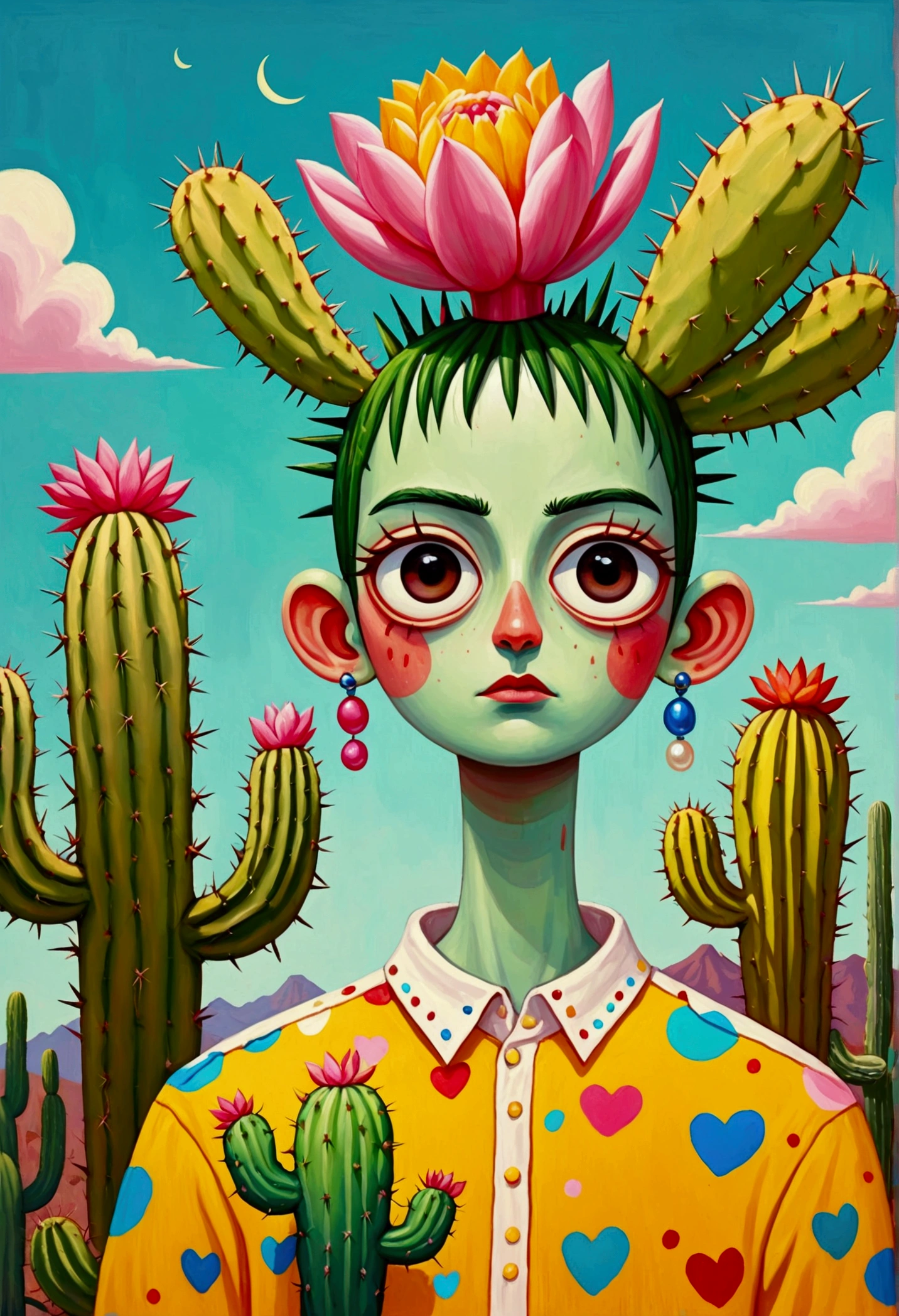 painting of a man with a cactus head and a colorful shirt, anthropomorphic cactus, inspired by Victor Brauner, the non-binary deity of spring, inspired by Ron English, hylics artwork, pop surrealism, a surrealist painting, surreal painting, whimsical surrealism, cactus and pearls over the head, pop - surrealism, neo - impressionist surrealism